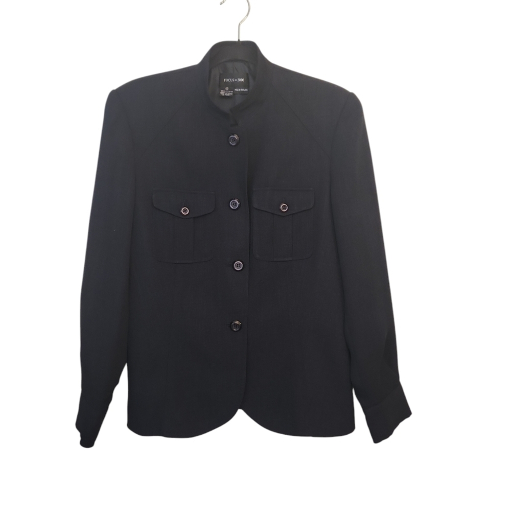 Focus 2000 Women's Vintage Black ButtonFront Mandarin Collar BlazerJacket Size10